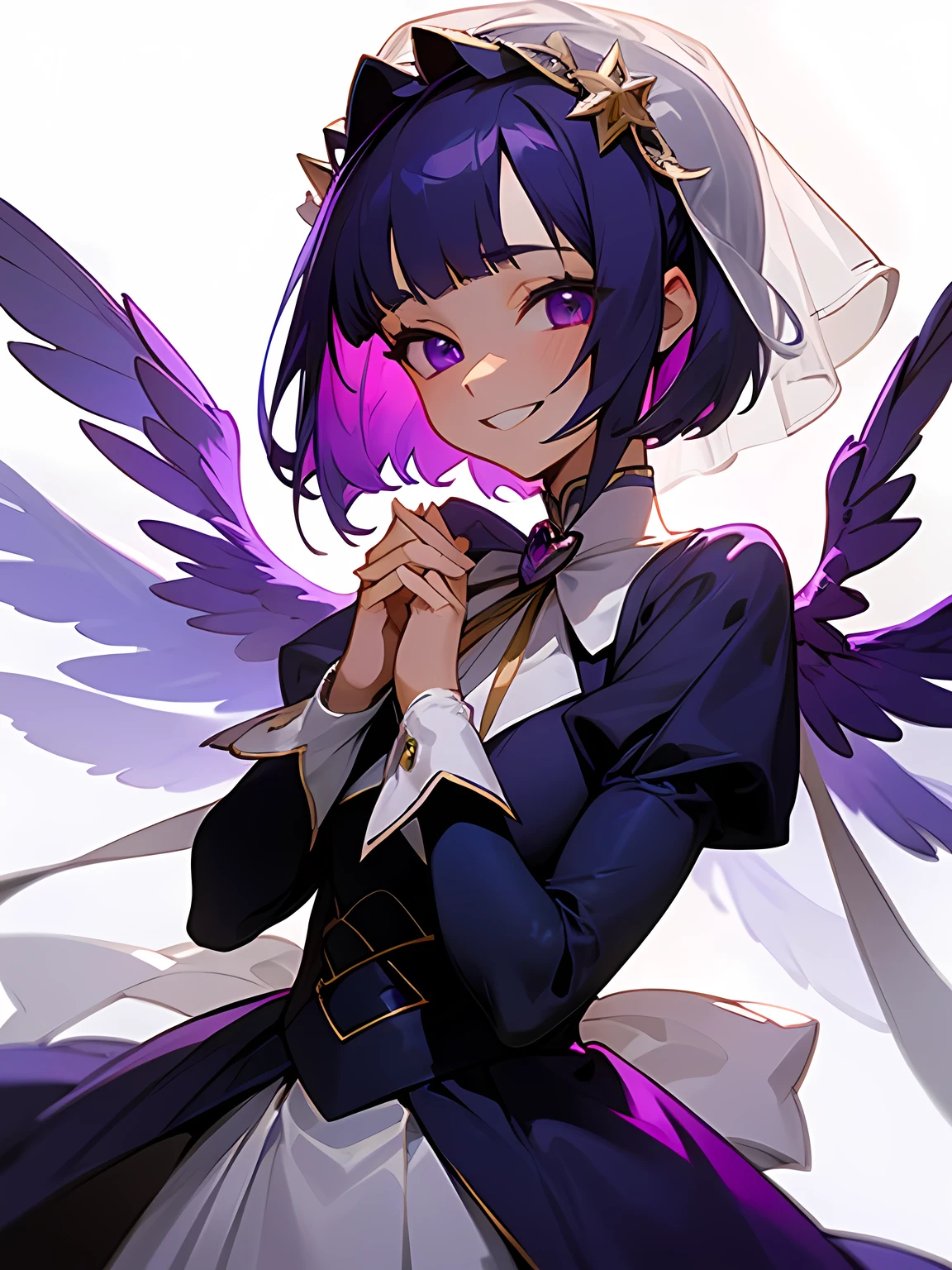 side facing viewer,solo,20years old,upperbody,wedding veil,blue purple color hair,(very short thin pixiecut Mushroom hairstyle),blunt bangs,backcut,own hands together, grin smile,(purple angel wings),white fril dress, purple neck big ribbon,spot light,white simple background,