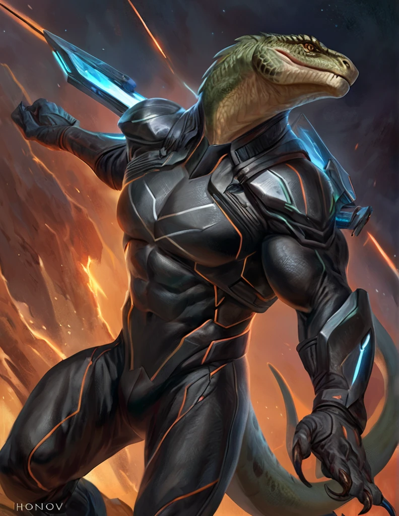 a ferocious male lizardfolk druid, muscular detailed body, masculine pose, tall topless, futuristic bodysuit, comic book style illustration, best quality, 4k, ultra-detailed, realistic, by laobai, by taran fiddler, by honovy