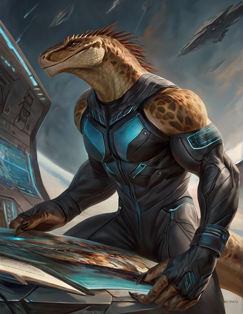 a ferocious male lizardfolk druid, muscular detailed body, masculine pose, tall topless, futuristic bodysuit, comic book style illustration, best quality, 4k, ultra-detailed, realistic, by laobai, by taran fiddler, by honovy