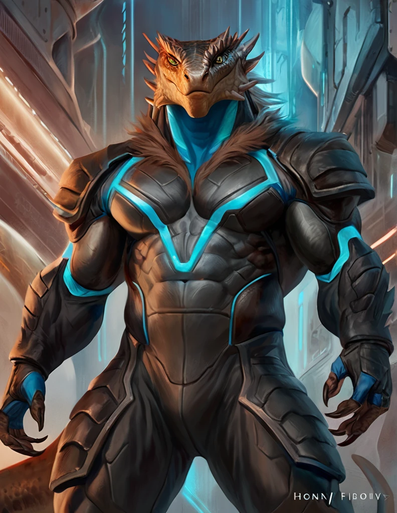 a ferocious male lizardfolk druid, muscular detailed body, masculine pose, tall topless, futuristic bodysuit, comic book style illustration, best quality, 4k, ultra-detailed, realistic, by laobai, by taran fiddler, by honovy