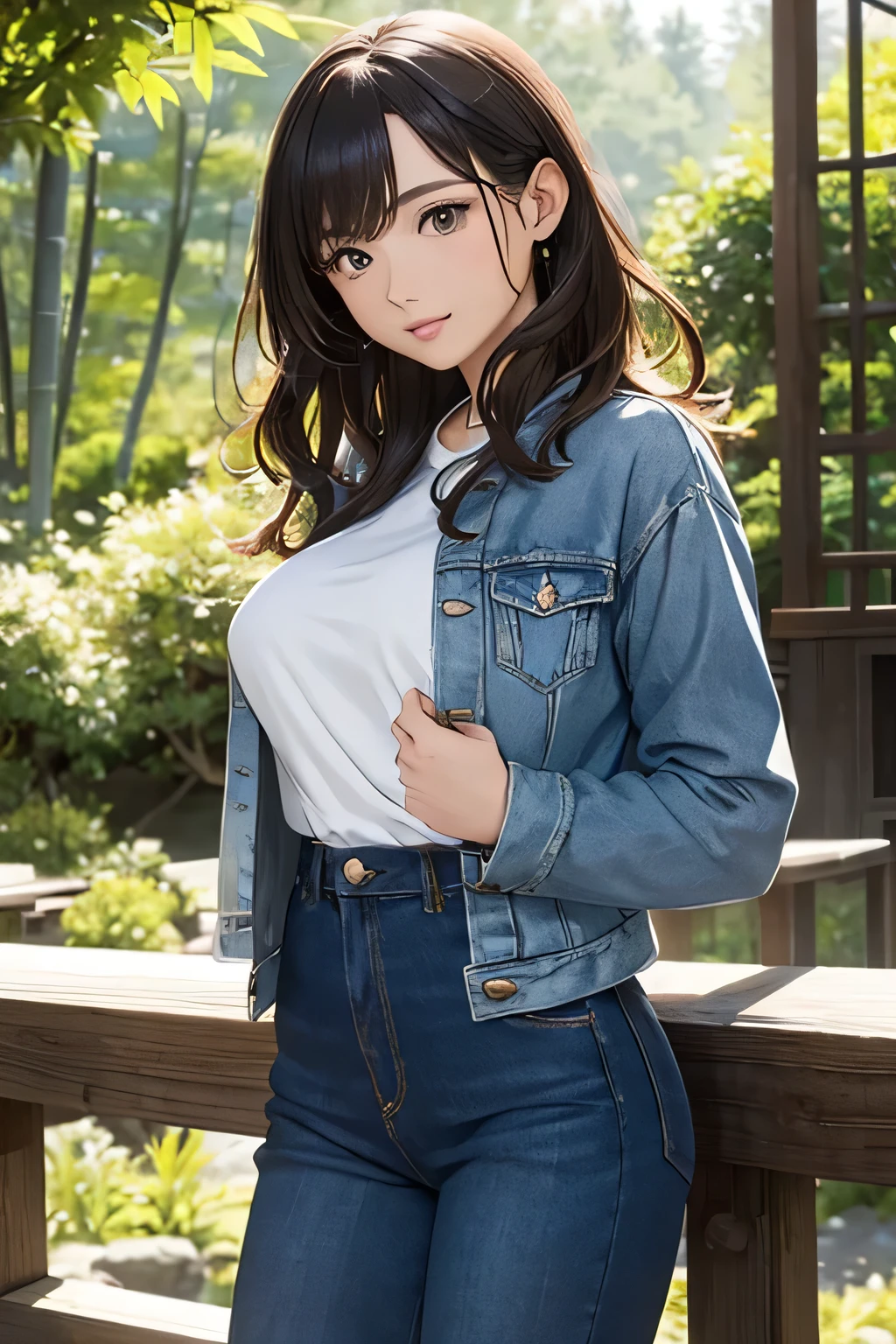 Highest quality、High resolution、Detailed Background、(Beautiful face in every detail:1.4)、Anatomically correct、(Normal number of fingers:1.2)、(Highly detailed face:1.2)、Detailed eyes、Beautiful women in their 20s、(Huge breasts:1.2)、Perfect body line、Light color hair、Bobcut、Long Hair、Wavy Hairstyle、Cute Eye Makeup、Cute Lip Makeup、Accentuate your cleavage、Model Pose、Cute gestures、Show the whole body、
(A beautiful model with a popular spot in the background:1.5)、
A coordinated look incorporating deep autumnal colors and layering、
Pairing a loose oversized knit with skinny jeans、
Finishing with short boots or sneakers for a casual look、
A retro-looking checked shirt dress with a rider's jacket is also a cute combination、Adding an accent with boots、
Layering a denim jacket over a feminine dress、
Pair it with sneakers to make it more casual and sophisticated.、
A wide-leg pants in velvet material paired with a simple T-shirt is also cute and autumnal、
Combining with long boots is expected to have a leg-lengthening effect、
Kyoto、Arashiyama、Arashiyama is a classic yet always popular spot that combines the atmosphere of an ancient capital with a modern cafe.、Strolling through the bamboo grove、Taking pictures at Togetsukyo Bridge, there are many picturesque landscapes、very beautiful