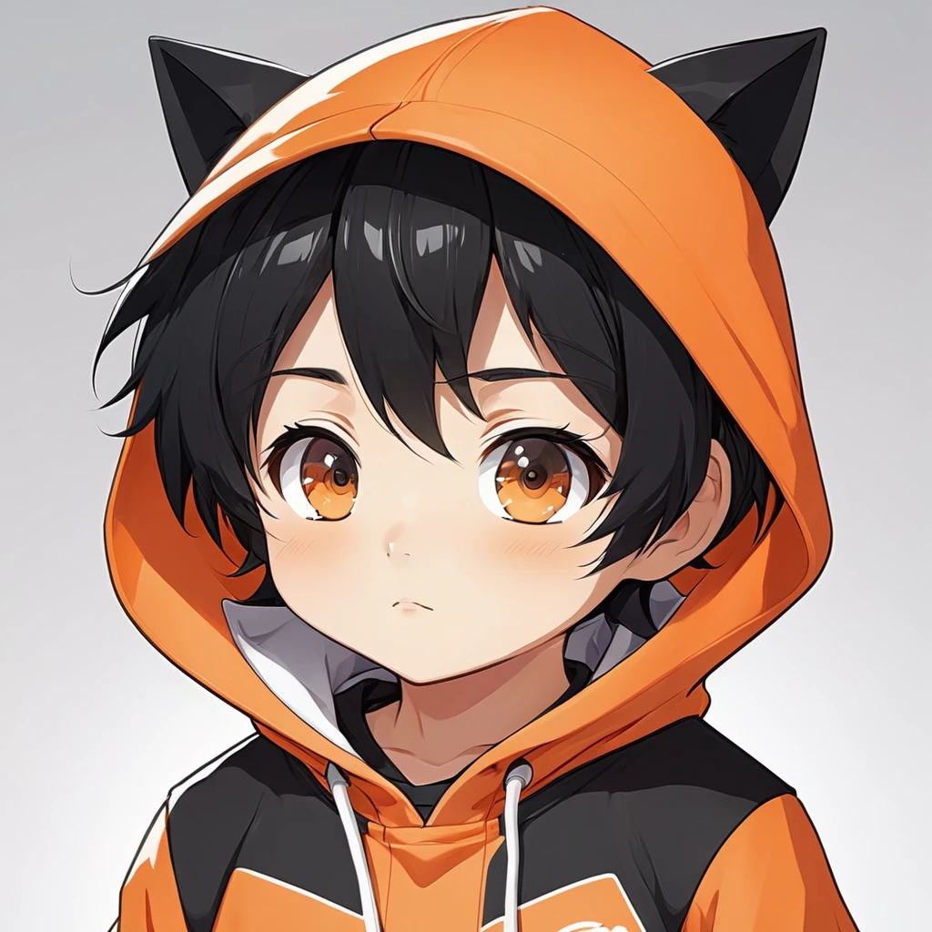 Cute little boy、anime、mascot、Wearing an orange hoodie、The background is simple white、Upper Body、Black Hair