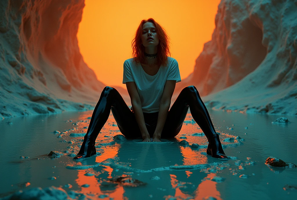 70s setting, grainy analog film, abstract art, stylish legend, artwork, conceptual art, fallen, drama, indulges in fetish, rubber black stockings, vintage liquid jeans cut-offs, t-shirt, slave collar, heels, sits in slime, orange blue, black, void