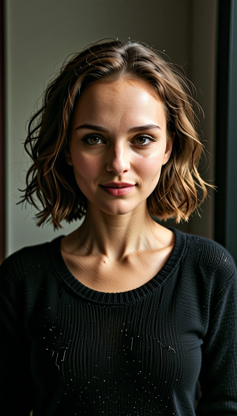 instagram photo, photo of Natalie Portman  in black sweater, (smile:0.4), hard shadows