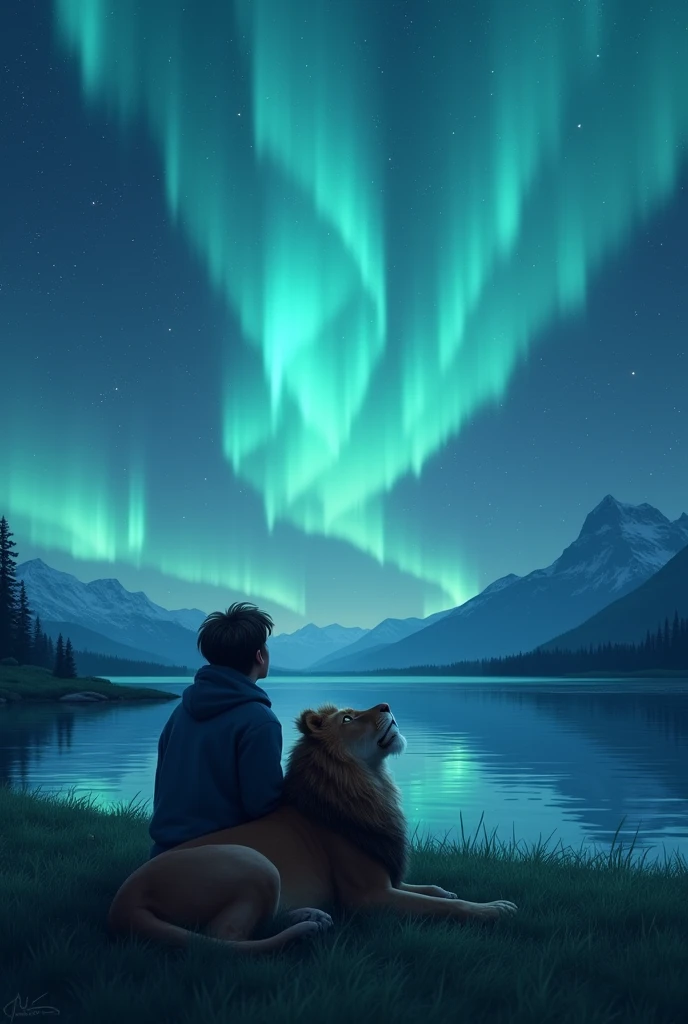 Night sky me sitting on grass ,moon,northern lights realistic,with my pet lion,near lake