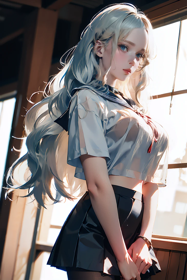 ((See-through)), (Sailor collar uniform), shirt, Pleated skirt, (Black Pantyhose), [:(Detailed face:1.2):0.2], RAW Photos, (masterpiece), (Highest quality), High resolution, (Realistic, photo-Realistic:1.2), Super detailed, Physically Based Rendering, One girl, Air Van, Long Hair, (Silver Hair), Wavy Hair, (Large Breasts),