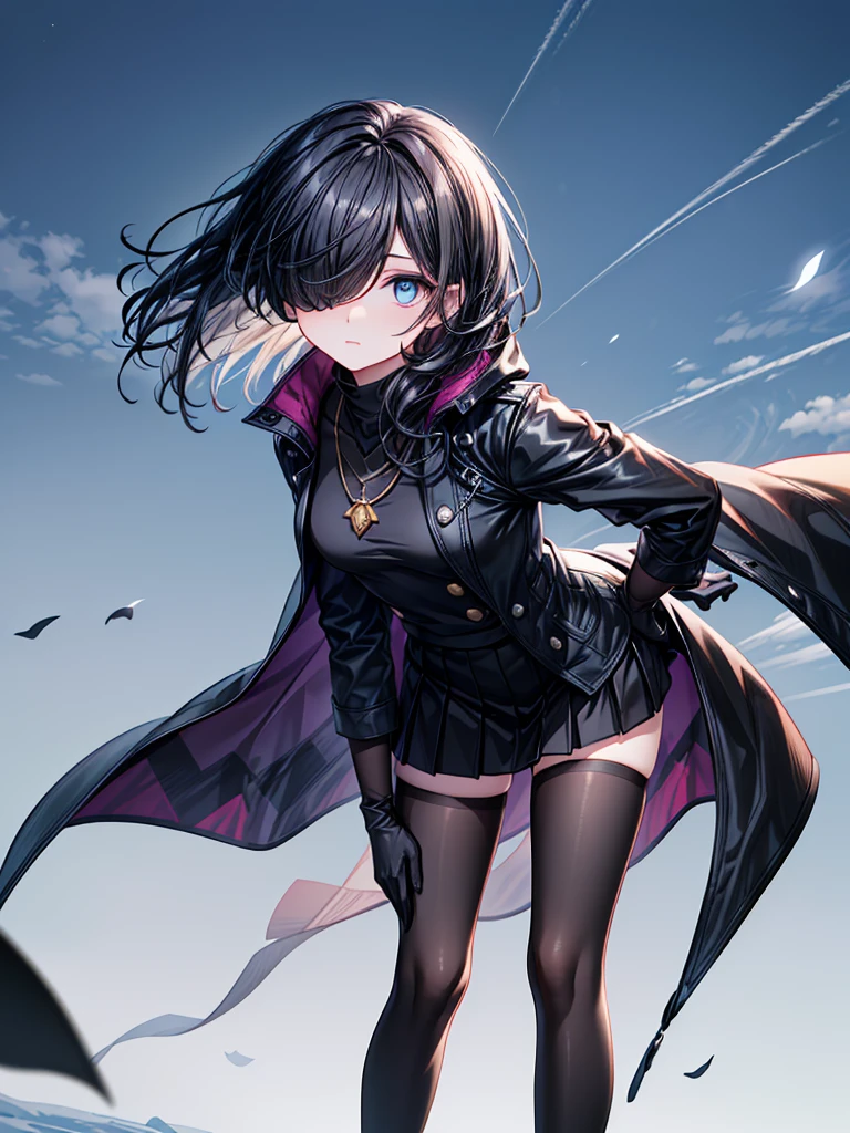 ((Oriental Project)),((Celestial Glacier)),((masterpiece)),((leaning forward)),((Highest quality))((Amulet)),((alone)),((Deep blue pupils)),((sparkling eyes)),((Beautiful Blue Eyes)),((Wearing a black coat)),((Black mini skirt)),(((Wearing black tights))),((Slim body)),((length, Shiny black hair)),((Her left eye is completely hidden by her bangs)),((Her hair is parted, and you can see her eyes through it)),((Wearing black gloves)),((hair over one eye,long hair)),((Ruthless)),((Complex background)),((Hair blowing in the wind))