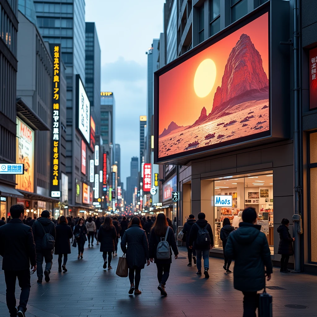 Near future. The streets of Tokyo, where people come and go. A commercial encouraging people to migrate to Mars runs on a huge monitor display.
