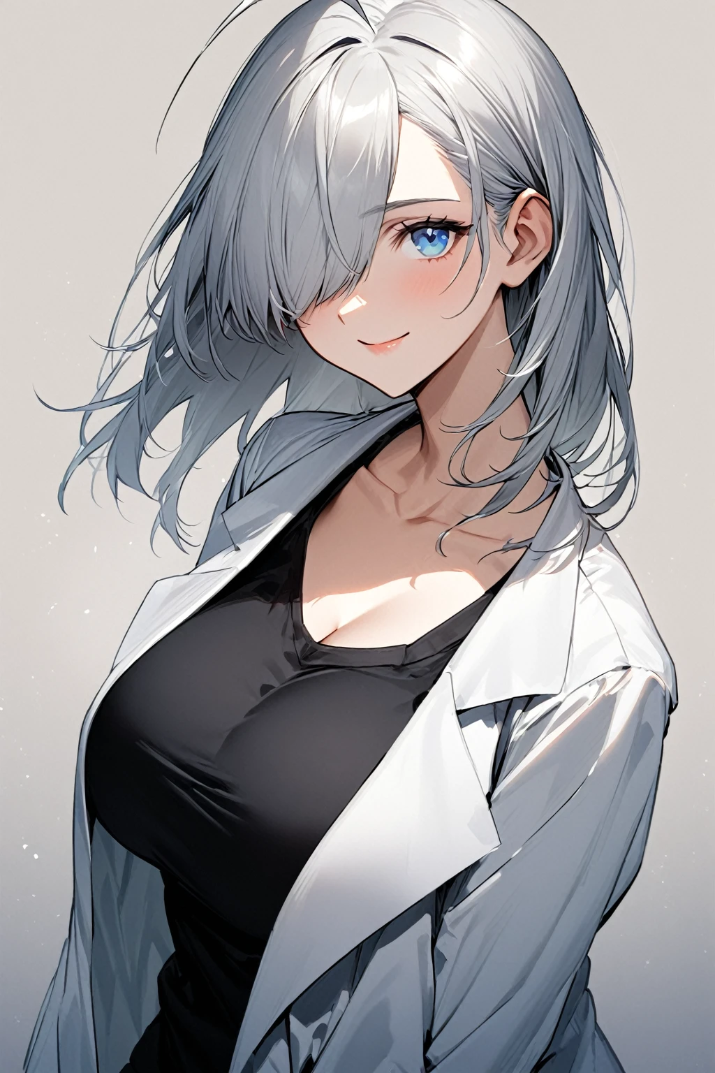 young woman, 22 years, silver hair, blue eyes, Ahoge, hair over one eye, clavicle, Black sweater, big breasts, neckline, lab coat, Cowboys, smile, looking at the viewer.