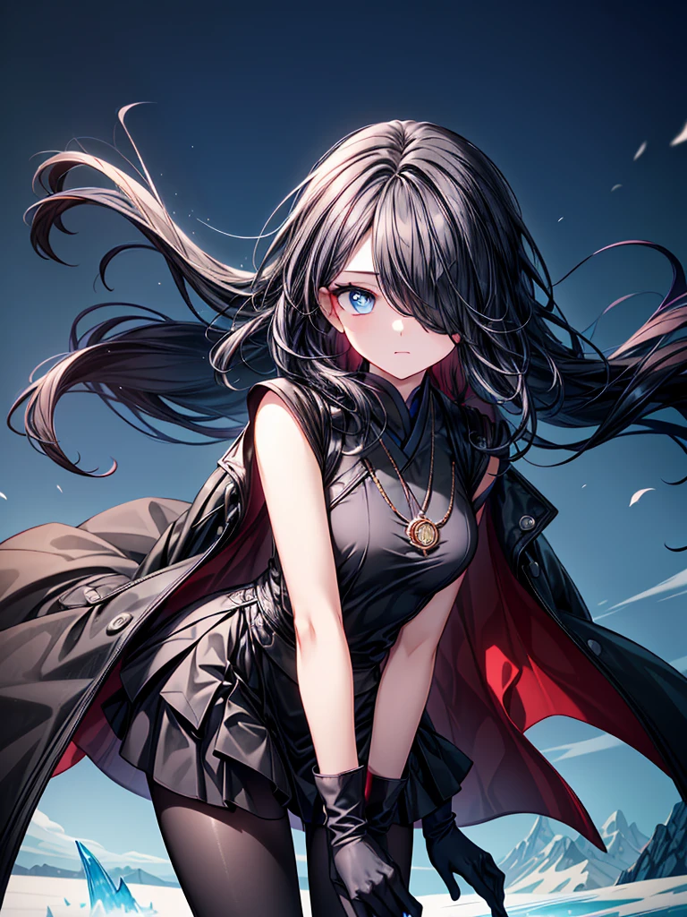 ((Oriental Project)),((Celestial Glacier)),((masterpiece)),((leaning forward)),((Highest quality))((Amulet)),((alone)),((Deep blue pupils)),((sparkling eyes)),((Beautiful Blue Eyes)),((Wearing a black coat)),((Black mini skirt)),(((Wearing black tights))),((Slim body)),((length, Shiny black hair)),((Her left eye is completely hidden by her bangs)),((Her hair is parted, and you can see her eyes through it)),((Wearing black gloves)),((hair over one eye,long hair)),((Ruthless)),((Complex background)),((Hair blowing in the wind))