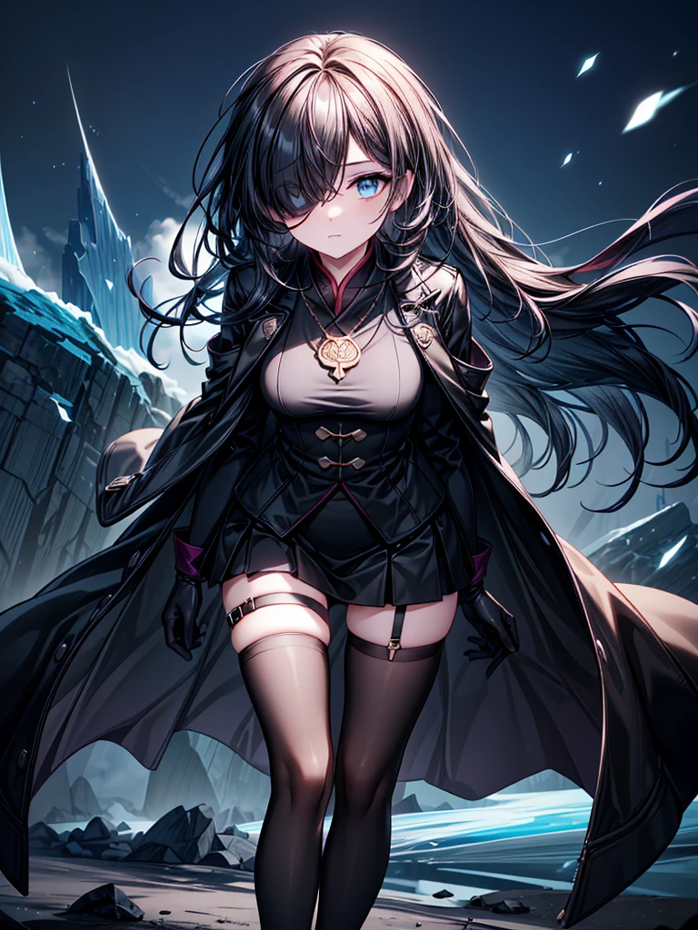 ((Oriental Project)),((Celestial Glacier)),((masterpiece)),((leaning forward)),((Highest quality))((Amulet)),((alone)),((Deep blue pupils)),((sparkling eyes)),((Beautiful Blue Eyes)),((Wearing a black coat)),((Black mini skirt)),(((Wearing black tights))),((Slim body)),((length, Shiny black hair)),((Her left eye is completely hidden by her bangs)),((Her hair is parted, and you can see her eyes through it)),((Wearing black gloves)),((hair over one eye,long hair)),((Ruthless)),((Complex background)),((Hair blowing in the wind))