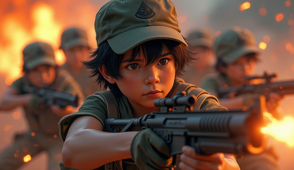 Wartime youth fighters、Wearing baseball caps、Fierce battle scenes、There are many people fighting around、Fires blazing around、Sense of presence。 Real、Real、Age 25 years、Black hair