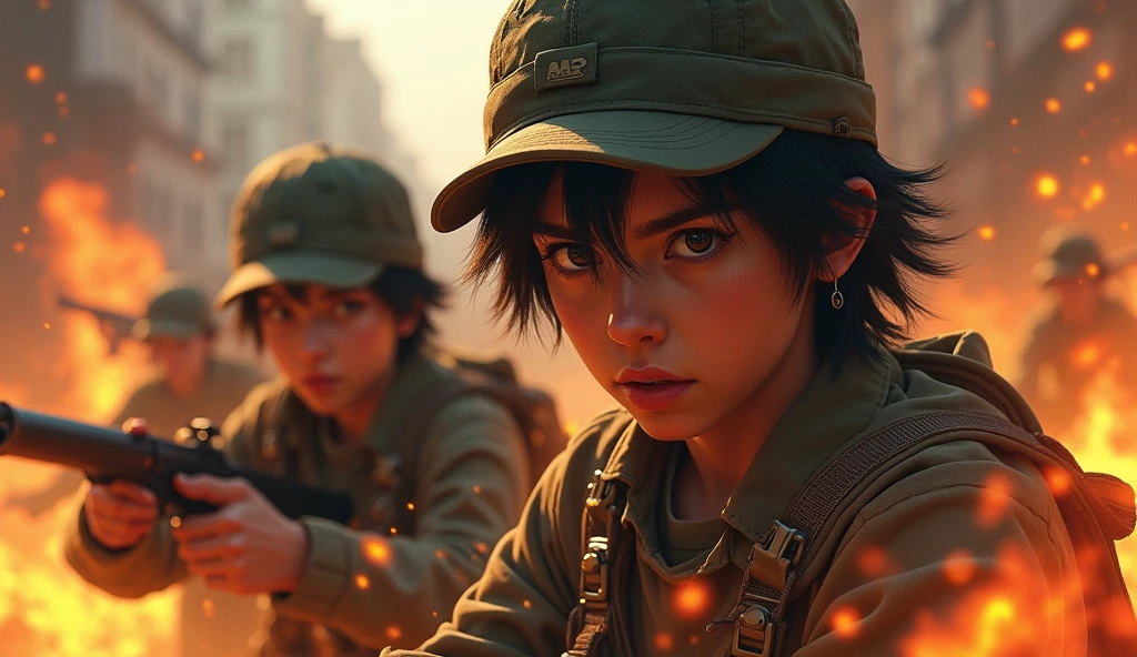 Wartime youth fighters、Wearing baseball caps、Fierce battle scenes、There are many people fighting around、Fires blazing around、Sense of presence。 Real、Real、Age 2５ years、Black hair