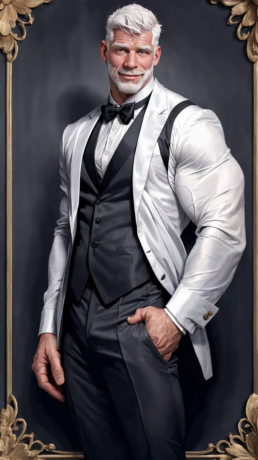 Highly detailed paintings, portraits, works of William-Adolf Bouguereau, Finnish Tom, Gaston Bussier, Alfons March, ethereal, poetic pastoral. Handsome Magazine! Beard, short hair, small head and tall man, wearing a black and gray open suit, open white shirt!!! ( 8K, masterpiece, best quality, high resolution, super detail) elegant! Fashion background!! HD, 8k, thin and tall! Muscled, chest hair, hairy chest muscles! Smirk, masterpiece, best quality, high resolution, detailed background, strong body, very, male, he is about 40 years old, strong and handsome, muscular tissue, too many muscles, chest muscles! Detailed background, best quality, masterpiece, (muscle: 1.5), (white hair: 1.5)