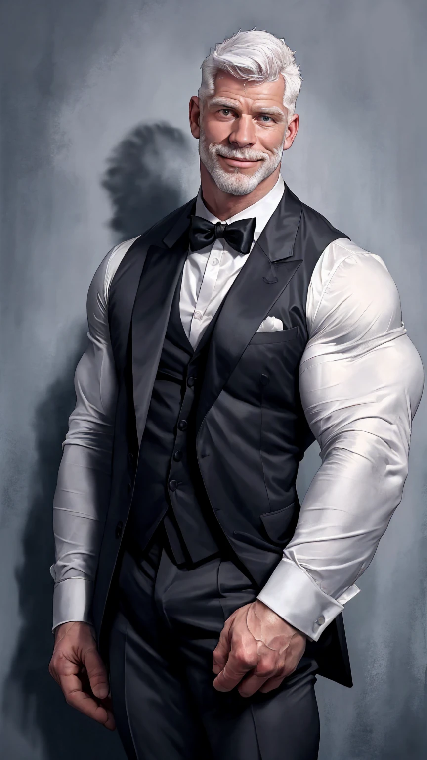 Highly detailed paintings, portraits, works of William-Adolf Bouguereau, Finnish Tom, Gaston Bussier, Alfons March, ethereal, poetic pastoral. Handsome Magazine! Beard, short hair, small head and tall man, wearing a black and gray open suit, open white shirt!!! ( 8K, masterpiece, best quality, high resolution, super detail) elegant! Fashion background!! HD, 8k, thin and tall! Muscled, chest hair, hairy chest muscles! Smirk, masterpiece, best quality, high resolution, detailed background, strong body, very, male, he is about 40 years old, strong and handsome, muscular tissue, too many muscles, chest muscles! Detailed background, best quality, masterpiece, (muscle: 1.5), (white hair: 1.5)