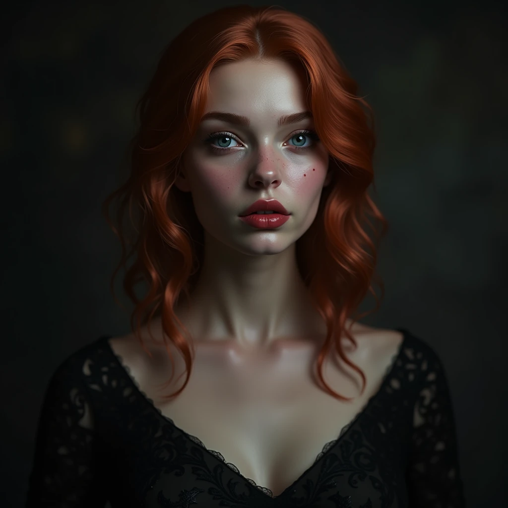 Creating an image of a handsome young vampire girl, A person who just woke up from a deep sleep, naked. The second one is a noble and elegant girl, Beautiful and charming colorless eyes, A vampire with a refined and elegant appearance, They have plenty of time, Loose light red hair and perfect facial features, Their skin should be fair and flawless, Add a little potassium and this is the beauty of the third world, A vampire's eyes should be deep and alluring, With a predatory glow, hint at their insatiable bloodlust , His style refers to the long history of human life, When you wake up from sleep, Vampires should have calm confidence. Reeks of danger and conspiracy. The background should be shrouded in shadow. Only a ray of moonlight penetrates the darkness. In the hands of vampires. This must be a vial of blood.. According to their recent victims,Vampires should be content,And a little worried about their,It's as if they knew the dangers others were facing., Gothic art style, Surrealism, 迷幻Surrealism艺术, Surreal psychedelic design, Dreamy style, Psychedelic Art, Quality and quantity, Textured Skin, Intricate details, (kinoThatgraphic Lighting), RAW to Photo, 8K,