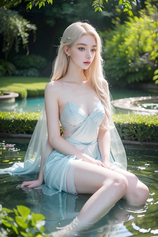 a beautiful ethereal girl around 22 years old, long flowing hair, piercing blue eyes, elegant facial features, pale porcelain skin, delicate and graceful pose, outdoor garden setting with lush greenery, flowers, and a serene pond, warm soft lighting, dreamlike and whimsical atmosphere, cinematic and high quality, masterpiece, photorealistic, 8k, hyper detailed