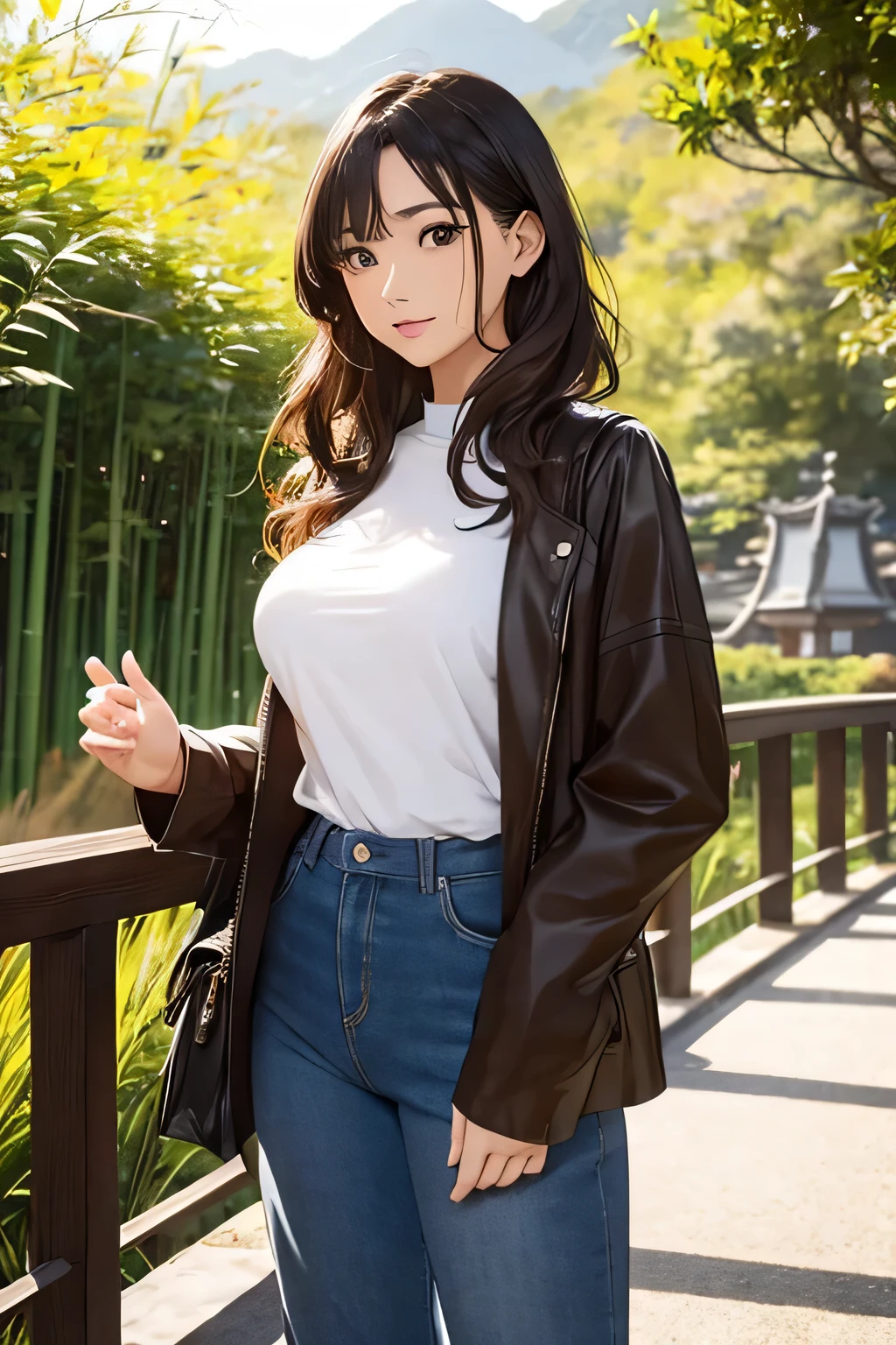 Highest quality、High resolution、Detailed Background、(Beautiful face in every detail:1.4)、Anatomically correct、(Normal number of fingers:1.2)、(Highly detailed face:1.2)、Detailed eyes、Beautiful women in their 20s、(Huge breasts:1.2)、Perfect body line、Light color hair、Bobcut、Long Hair、Wavy Hairstyle、Cute Eye Makeup、Cute Lip Makeup、Accentuate your cleavage、Model Pose、Cute gestures、Show the whole body、
(A beautiful model with a popular spot in the background:1.5)、
A coordinated look incorporating deep autumnal colors and layering、
Pairing a loose oversized knit with skinny jeans、
Finishing with short boots or sneakers for a casual look、
A retro-looking checked shirt dress with a rider's jacket is also a cute combination、Adding an accent with boots、
Pair it with sneakers to make it more casual and sophisticated.、
A wide-leg pants in velvet material paired with a simple T-shirt is also cute and autumnal、
Combining with long boots is expected to have a leg-lengthening effect、
Kyoto、Arashiyama、Arashiyama is a classic yet always popular spot that combines the atmosphere of an ancient capital with a modern cafe.、Strolling through the bamboo grove、Taking pictures at Togetsukyo Bridge, there are many picturesque landscapes、very beautiful