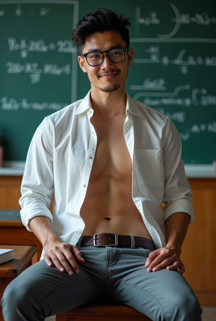 Chinese-korean-vietnamese Idol man ,(hot,sexy,attractive:1.2),hunky male professor with hairy muscles,button-up shirt torn open,suit pants,full,thick,covered in milk,wear shirt, open chest shirt, showing off body, toned abs and full chest,big dick,pubic hairs, clean-shaven with neatly cut,sitting on classroom desk,confident gaze,classroom setting,blackboard with equations and formulas,Legs wide open,show off panty waistband, hand touching crotch,vibrant chalk colors,academic books and papers scattered on desk,messy hair,dedicated to teaching,lewd smile,lots of student attention,dreamy atmosphere,serious yet approachable vibe,HDR,ultra-detailed,physically-based rendering,sharp focus,vivid colors,wear glasses,six pack ,sexy poses,,