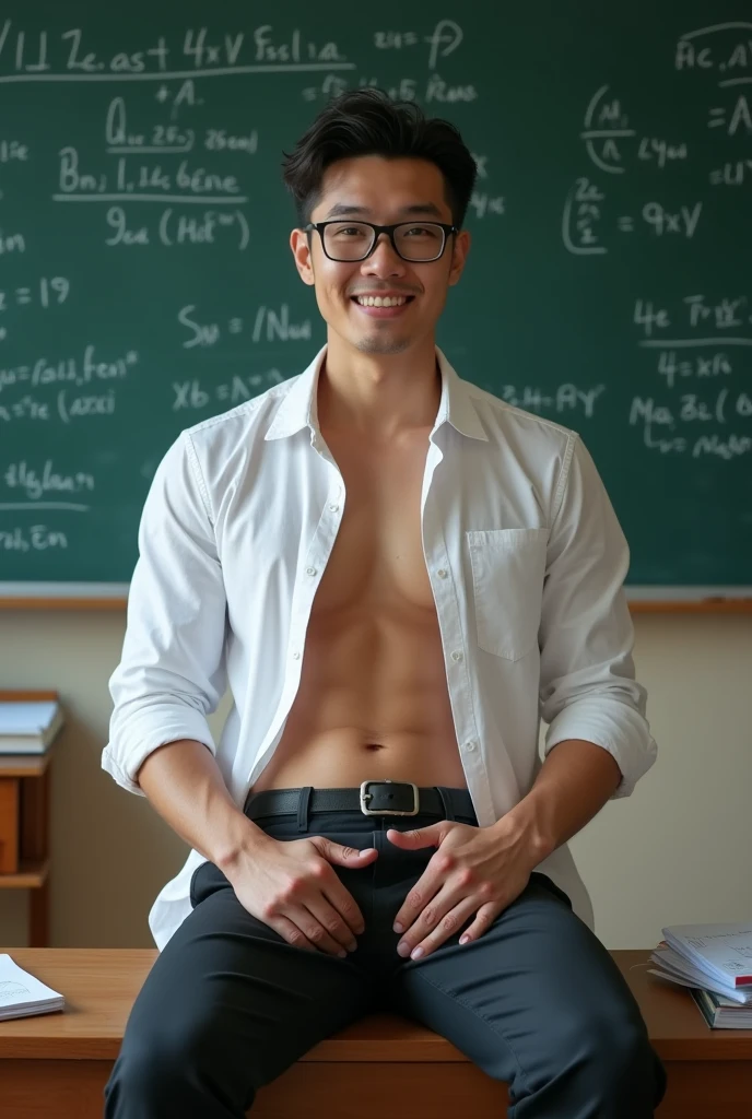 Chinese-korean-vietnamese Idol man ,(hot,sexy,attractive:1.2),hunky male professor with hairy muscles,button-up shirt torn open,suit pants,full,thick,covered in milk,wear shirt, open chest shirt, showing off body, toned abs and full chest,big dick,pubic hairs, clean-shaven with neatly cut,sitting on classroom desk,confident gaze,classroom setting,blackboard with equations and formulas,Legs wide open,show off panty waistband, hand touching crotch,vibrant chalk colors,academic books and papers scattered on desk,messy hair,dedicated to teaching,lewd smile,lots of student attention,dreamy atmosphere,serious yet approachable vibe,HDR,ultra-detailed,physically-based rendering,sharp focus,vivid colors,wear glasses,six pack ,sexy poses,,