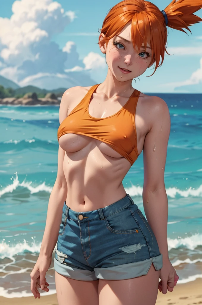masterpiece, best quality, highres, 1girl, misty (pokemon), orange hair, solo, sexy face look, full of sweatsshorts, nude torso, side ponytail, orange hair, midriff, nude naked boobs with small nipples, navel, short hair, denim, denim shorts cowboy shot, on the beach, small breasts, Externally expanded Chest, wet water drops all over skin