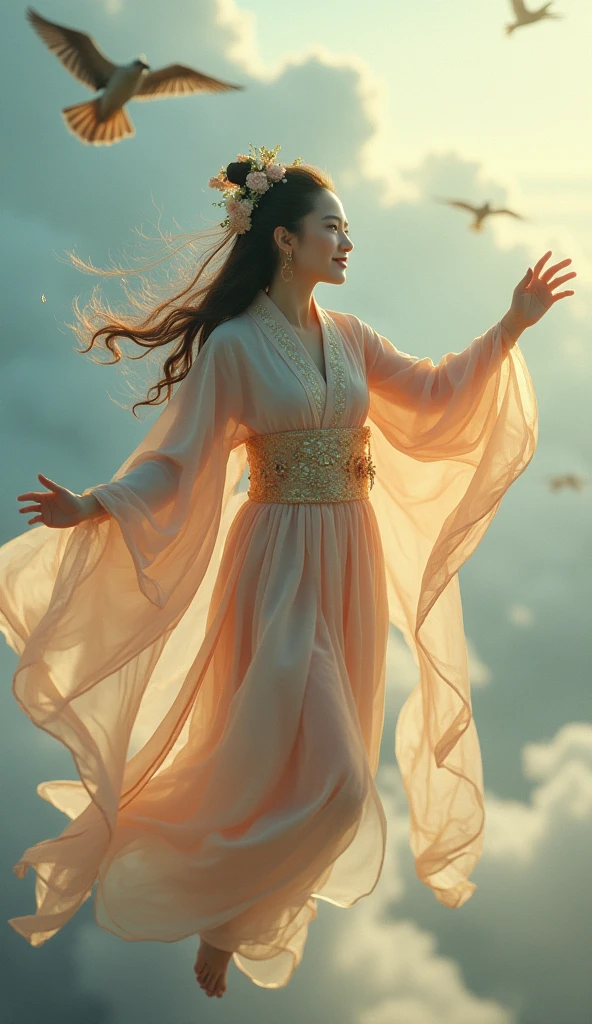 cinematic still detailed girl face,smile . emotional, harmonious, vignette, 4k epic detailed, shot on kodak, 35mm photo, sharp focus, high budget, cinemascope, moody, epic, gorgeous, film grain, grainy, This is a scene of an ancient Chinese fairy flying in the air, a young girl wearing a gorgeous robe, elegant posture, suspended in the air, long ribbons, accompanied by flowers, surrounded by clouds, and a few birds, mixed style, clear sunlight, detailed girl face,smile, pretty, fine detail, dramatic light, cinematic, background, elegant, intricate, highly detailed, complex, sharp, focus, professional color, very beautiful, cute, magical, enchanted, glowing, confident, illuminated, inspired, famous, colorful, transparent, best,, winning, perfect, romantic, thoughtful, artistic, loving, charming