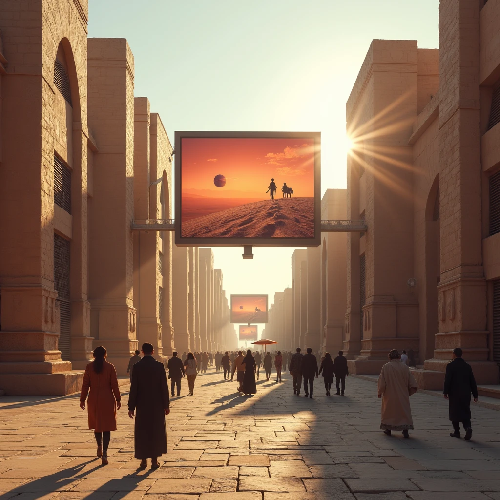 Near future. A street in Egypt where people come and go. A commercial encouraging people to migrate to Mars runs on a huge monitor display.