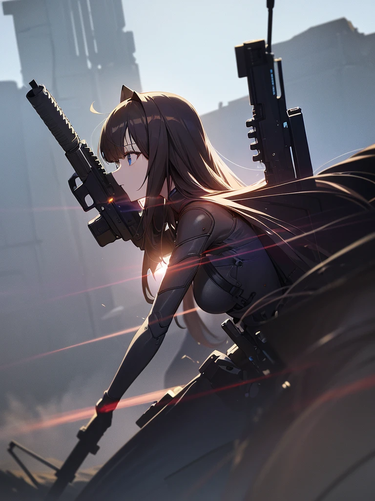 1 robot, Attention, Holding_gun, assault_rifle, Very detailed, Brown Hair, Long Hair, Anime Style, whole body, alone, Stylish Gunfighter Girl, スチームパンクの長gun身ピストルを持っている,Standing in the Wilderness, 8K high resolution, White Background, The background is a dark and desolate landscape, Horror movie atmosphere. Her figure is very beautiful, Emphasizing the dark and crazy elements. Skillfully expressing the effects of light and shadow, Anime girls with guns and rifles, From girls&#39; Line, Mechanized Soldier Girl