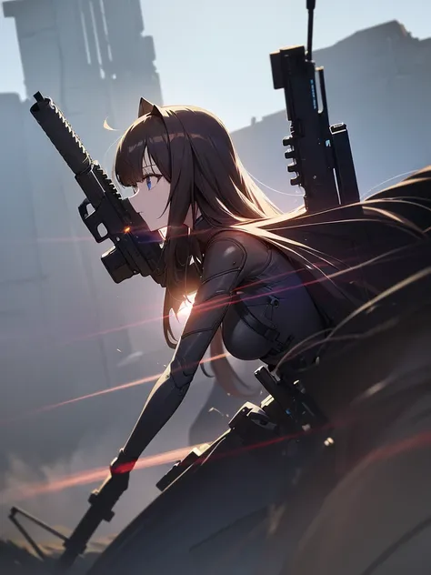 1 robot, attention, holding_gun, assault_rifle, very detailed, brown hair, long hair, anime style, whole body, alone, stylish gu...