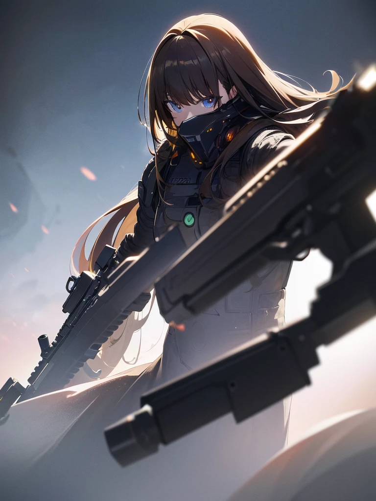 1 robot, Attention, Holding_gun, assault_rifle, Very detailed, Brown Hair, Long Hair, Anime Style, whole body, alone, Stylish Gunfighter Girl, スチームパンクの長gun身ピストルを持っている,Standing in the Wilderness, 8K high resolution, White Background, The background is a dark and desolate landscape, Horror movie atmosphere. Her figure is very beautiful, Emphasizing the dark and crazy elements. Skillfully expressing the effects of light and shadow, Anime girls with guns and rifles, From girls&#39; Line, Mechanized Soldier Girl