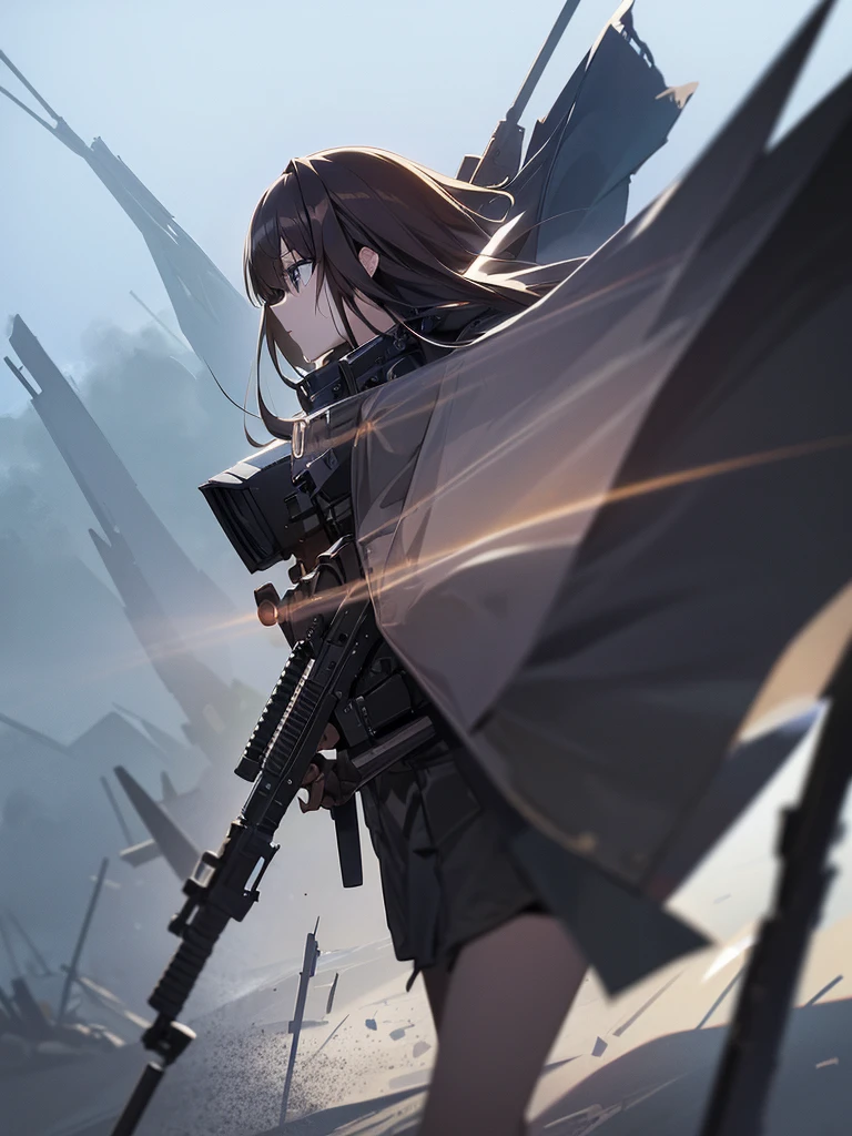 1 robot, Attention, Holding_gun, assault_rifle, Very detailed, Brown Hair, Long Hair, Anime Style, whole body, alone, Stylish Gunfighter Girl, スチームパンクの長gun身ピストルを持っている,Standing in the Wilderness, 8K high resolution, White Background, The background is a dark and desolate landscape, Horror movie atmosphere. Her figure is very beautiful, Emphasizing the dark and crazy elements. Skillfully expressing the effects of light and shadow, Anime girls with guns and rifles, From girls&#39; Line, Mechanized Soldier Girl