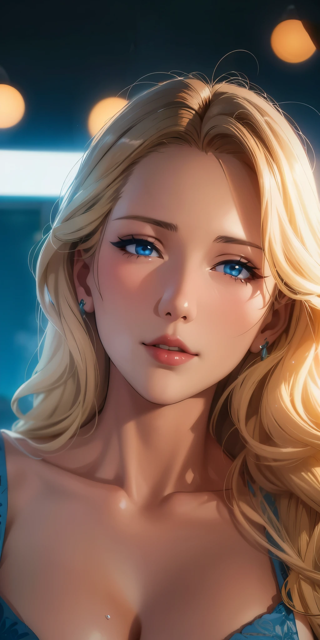 Elegant mature female, milf, blue eyes, blonde hair, soft light, high detailed, 4k resolution, high quality, beautiful cg, 