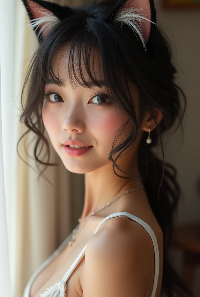 beautiful japanese girl, sexy smile, cat ears