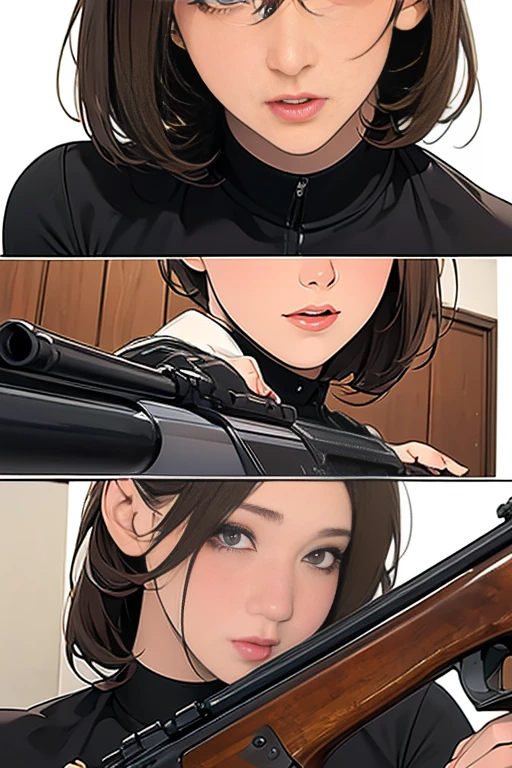 High resolution, (masterpiece: 1.4), Very detailed, (((Detailed face, Detailed Expression)), Cool Woman, Bob, Rifle range, Rifle shooting, Long rifle, (Hold the rifle), Aim, (Aim), cool, Big Breasts, calm, Black tight clothes