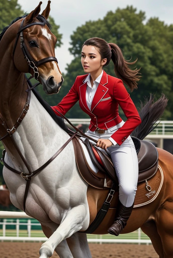 ((Highest quality)), ((masterpiece)), (detailed), ((High resolution)),One woman,((Riding a horse)),(Running a horse),beautiful girl,18-year-old,ponytail,bright red suit,White trousers,Black boots,