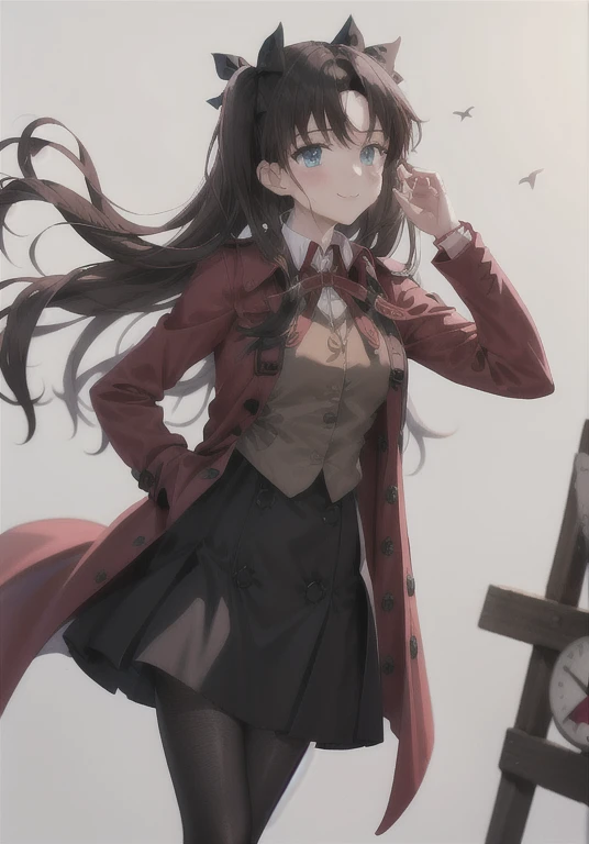 work of art, best qualityer,1 girl, standing alone, long hair, overskirt, (Bblack hair:1.2),pantyhose, Tohsaka Rin, two sides up, chemise, black overskirt, white chemise, homurahara academy schoolar uniform, clothes open, cinta, trench coat, Glow Up, looking ahead at viewer, white background, blue colored eyes, ssmile, red trench coat, brown vest, long sleeves, collared chemise, black pantyhose, schoolar uniform, bangss, Vest, simple background, standing, chestnut hair, cloused mouth, open trench coat,(kbxl:0)