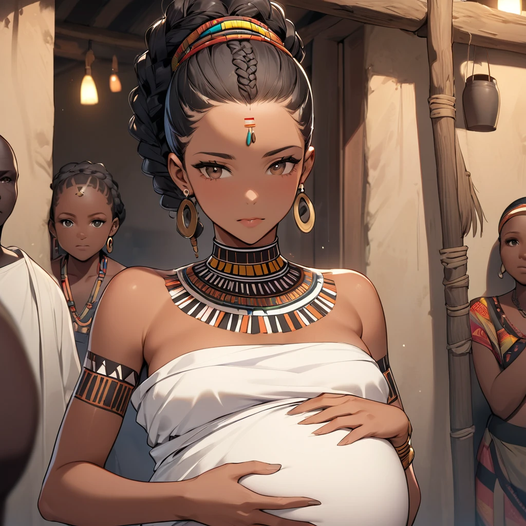 ((Highest quality)), ((masterpiece)), (detailed), （Perfect Face）、The woman has dark skin, is pregnant, and is holding a baby.、（Ghana braids with strong curly hair slicked back）、Black, dark skinned, African native tribal woman、The amount of hair is small、Black Hair、Very short curly hair、Ghana braid hair, finely and delicately braided into Ghana braids and slicked back、A black African woman with braided hair, low volume, tribal earrings and tribal accessories, beautifully dressed and wearing tribal makeup、A beautiful tribal woman with tattoos all over her body、Women in tribal village night rituals、The woman&#39;s hair is dyed black by the other women in the village and styled like an African woman&#39;s.