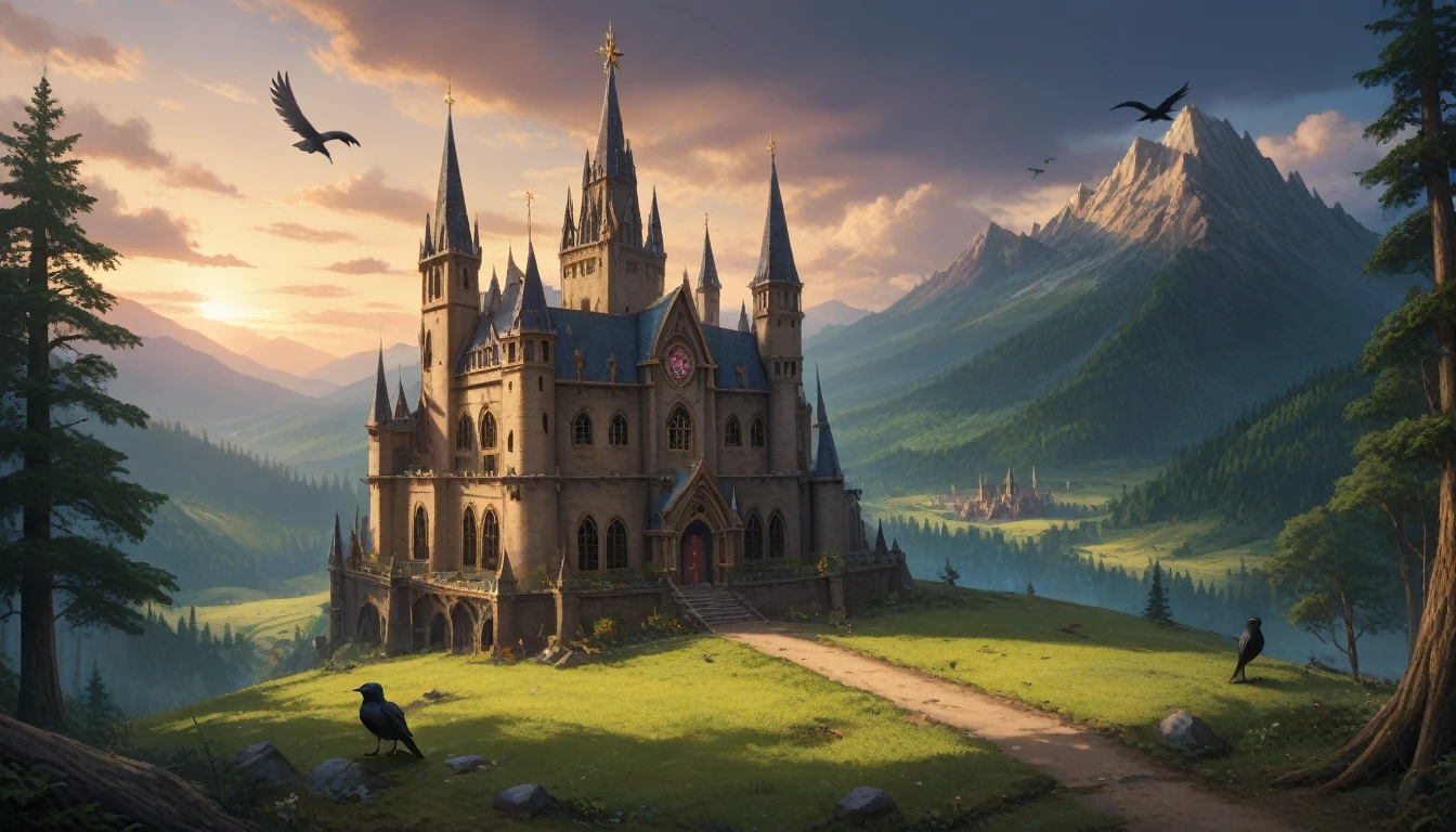 mountains of golden skulls, crow, Cathedral, twilightull, twilight, the legend of zelda: Tears of the Kingdom, crows fall all over the ground, Dark forest, 1 girl, One, Spider lily, Best quality, high quality, a high resolution, masterpiece, cinematic film still,score_9,score_8_up,score_7_up,masterpiece,best quality,8k,source_cartoon,source_アニメ, ultra quality,
