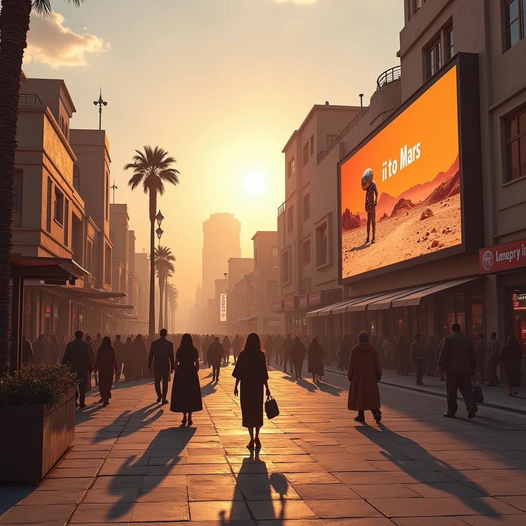 Near future. A street in Egypt where people come and go. A commercial encouraging people to migrate to Mars runs on a huge monitor display.