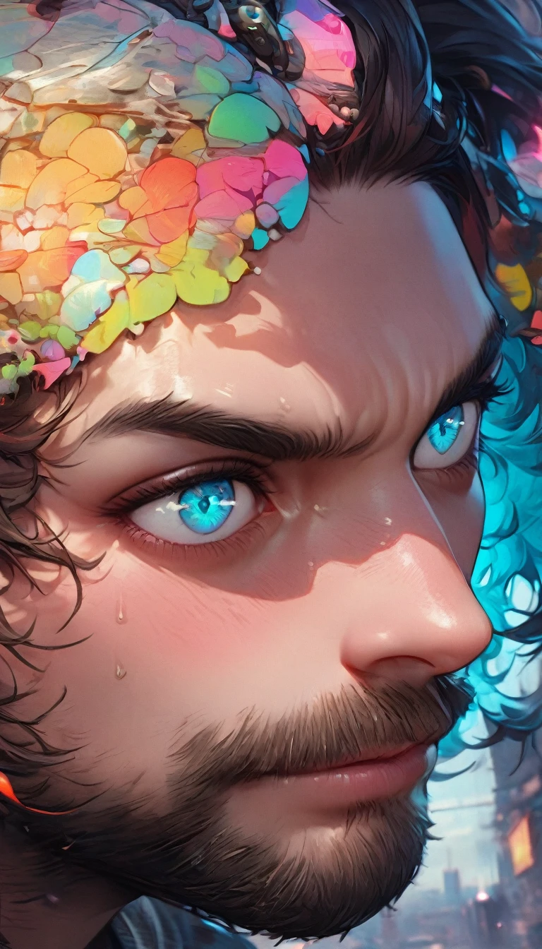 best quality,4k,8k,highres,masterpiece:1.2),ultra-detailed, extremely detailed eyes, extremely detailed body, (large masterpiece digital art), (detailed manga illustration), (detailed line art), ((perfect anatomy)), (intricate details:1.3), (ultra-detailed:1.3), (illustration:1.3), (sharp focus:1.3), (natural lighting:1.05), (vivid colors:1.3), (masterpiece), (best quality:1.4), (perfect anatomy:1.4), high quality, expressive eyes, full body, detailed face, beautiful face, perfect face, ((1boy)), angry, ((male focus)), muscular, detailed messy hair, long hair, brown hair, blue eyes, t-shirt, jean pants, sneakers, cinematic lighting, dramatic atmosphere, Atey Ghailan, Jeremy Mann, Greg Manchess, Antonio Moro, trend in ArtStation, trend in CGSociety, Intricate, High Detail, Sharp focus, dramatic and photorealistic painting art by Midjourney and Greg Rutkowski, Jeff Bridges, ((cartoon style)), Marvel Cinematic Universe style, (((ruined city in the background))),