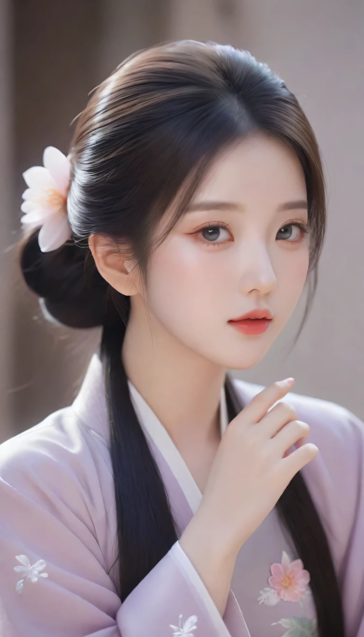 a close up of a woman with a flower in her hair, Realistic paintings by Lü Ji, Trends in CG Society, Chilboism, ”beautiful anime girl, Beautiful oriental woman, beautiful anime girla close up of a woman with a flower in her hair, chinese girl, chinese style, beautiful anime girl, beautiful character drawings, Palace , girl in hanfu, Beautiful Anime Faces, cute beautiful, Guweizu, Cool anime face portrait, beautiful anime girl, beautiful animation style, beautiful portrait image, beautiful animated portraits, very beautiful girl, Beautiful avatar photos