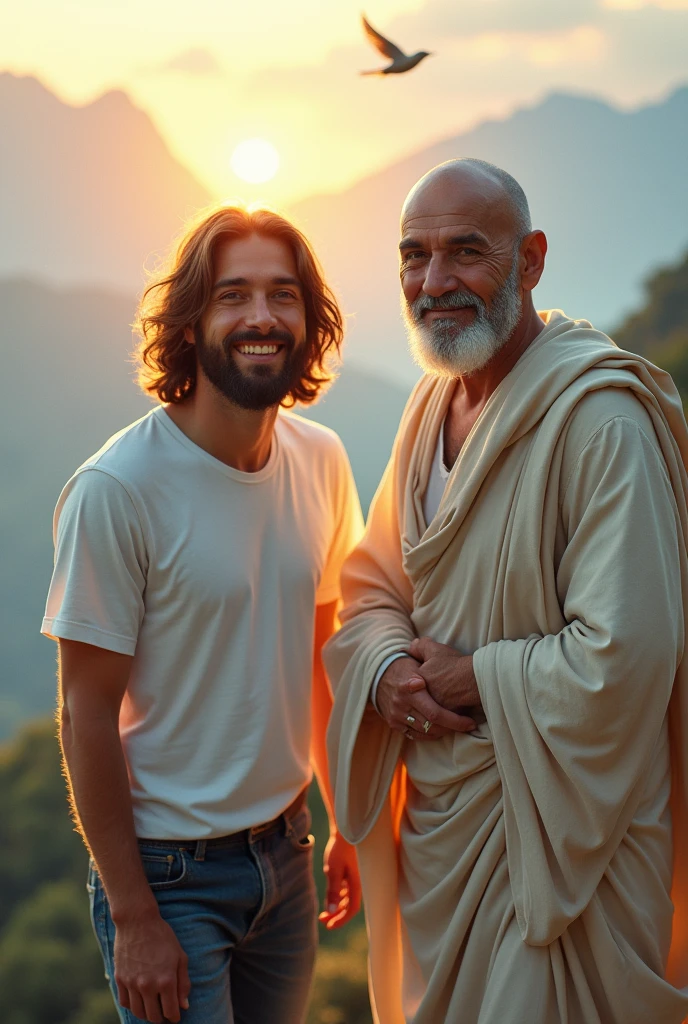 looking at camera with modern clothes, Jesus Christ and Buddha climbing a mountain. They have a wise and benevolent countenance. They are wearing white T-shirts and jeans. They are smiling happily. A small bird is flying. they are shining. Surrounded by rainbow-colored light. Jesus of Nazareth, depicted with a kind and cheerful expression, is depicted as a caring and gentle figure with shoulder-length hair. , his wavy brown hair cascades over his shoulders. His captivating hazel eyes convey deep wisdom and empathy, radiating warmth and understanding. A gentle smile graces his lips, earthly An unbelievable stillness illuminates his face. Modern Clothes, Miki Asai Macro Photography, Close Up, Super Detailed, Trending at Art Station, Sharp Focus, Studio Photography, Intricate Details, Highly Detailed, The Buddha is depicted as a kind and gentle person with a shaved head and a kind and cheerful expression. His captivating black eyes convey deep wisdom and empathy, radiating warmth and understanding. A gentle smile graces his lips, illuminating his face with an ethereal serenity. Modern day clothes, Miki Asai macro photography, close up, super detailed, trending at art station, sharp focus, studio photography, intricate details, highly detailed, Greg Rutkowski, Greg Ratkowski