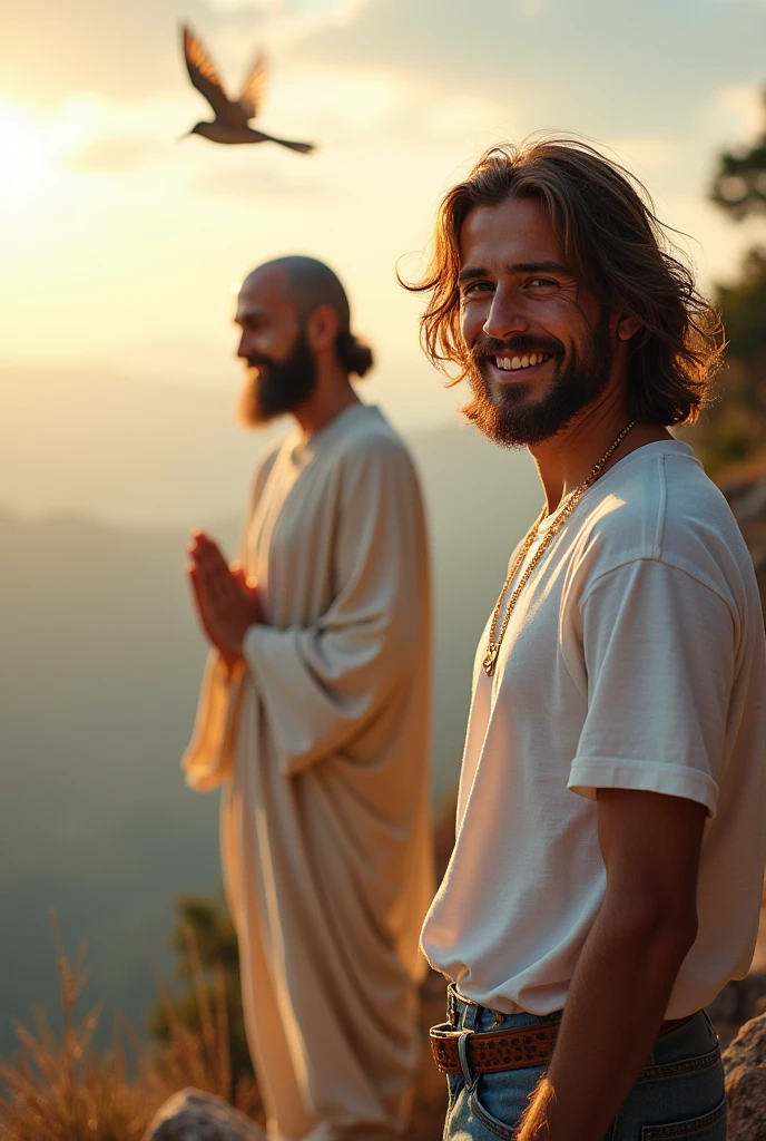 looking at camera with modern clothes, Jesus Christ and Buddha climbing a mountain. They have a wise and benevolent countenance. They are wearing white T-shirts and jeans. They are smiling happily. A small bird is flying. they are shining. Surrounded by rainbow-colored light. Jesus of Nazareth, depicted with a kind and cheerful expression, is depicted as a caring and gentle figure with shoulder-length hair. , his wavy brown hair cascades over his shoulders. His captivating hazel eyes convey deep wisdom and empathy, radiating warmth and understanding. A gentle smile graces his lips, earthly An unbelievable stillness illuminates his face. Modern Clothes, Miki Asai Macro Photography, Close Up, Super Detailed, Trending at Art Station, Sharp Focus, Studio Photography, Intricate Details, Highly Detailed, The Buddha is depicted as a kind and gentle person with a shaved head and a kind and cheerful expression. His captivating black eyes convey deep wisdom and empathy, radiating warmth and understanding. A gentle smile graces his lips, illuminating his face with an ethereal serenity. Modern day clothes, Miki Asai macro photography, close up, super detailed, trending at art station, sharp focus, studio photography, intricate details, highly detailed, Greg Rutkowski, Greg Ratkowski