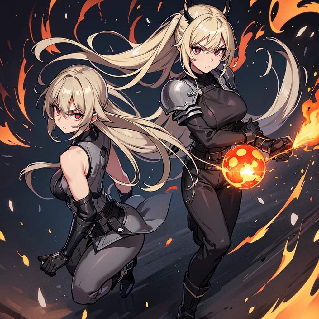 ((((Solo))))、Best illustrations、Best Quality、(Full body character concept、Character Design)、(((Grey Armor、Black trousers、Black gloves))、(woman、18-year-old)、(Blonde、Long Hair)、(Get Ready、Run)、(get annoyed)、(Particles of light, light, fireball、Flaming Ball、Tornado of Fire、Fire Magic)、Dramatic Angle、Red aura、Diagonally from behind