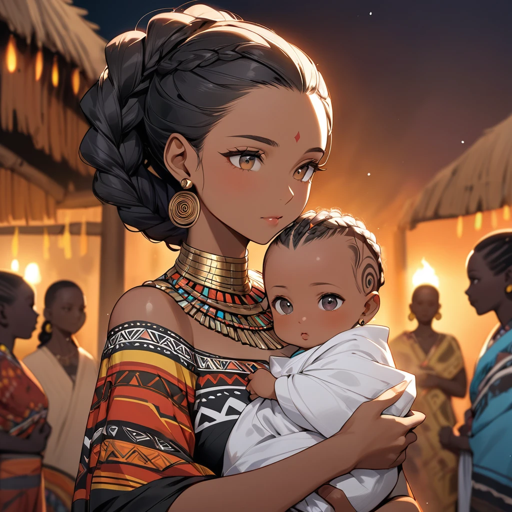 ((Highest quality)), ((masterpiece)), (detailed), (Perfect Face)、The woman has dark skin and is holding a baby.、(Ghana braids with strong curly hair slicked back)、Black, dark skinned, African native tribal woman、The amount of hair is small、Black Hair、Very short curly hair、Ghana braid hair, finely and delicately braided into Ghana braids and slicked back、A black African woman with braided hair, low volume, tribal earrings and tribal accessories, beautifully dressed and wearing tribal makeup、A beautiful tribal woman with tattoos all over her body、Women in tribal village night rituals、The woman's hair is dyed black by the other women in the village and styled like an African woman's.
