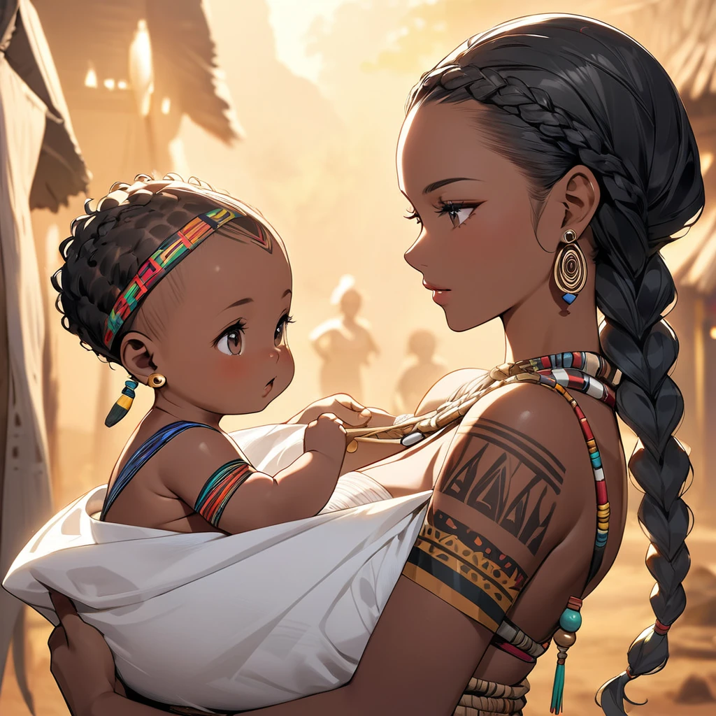 ((Highest quality)), ((masterpiece)), (detailed), （Perfect Face）、The woman has dark skin and is holding a .、（Ghana braids with strong curly hair slicked back）、Black, dark skinned, African native tribal woman、The amount of hair is small、Black Hair、Very short curly hair、Ghana braid hair, finely and delicately braided into Ghana braids and slicked back、A black African woman with braided hair, low volume, tribal earrings and tribal accessories, beautifully dressed and wearing tribal makeup、A beautiful tribal woman with tattoos all over her body、Women in tribal village night rituals、The woman&#39;s hair is dyed black by the other women in the village and styled like an African woman&#39;s.