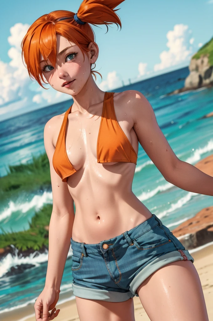 masterpiece, best quality, highres, 1girl, misty (pokemon), orange hair, solo, sexy face look, full of sweatsshorts, nude torso, side ponytail, orange hair, midriff, nude naked boobs with small nipples, navel, short hair, denim, denim shorts cowboy shot, on the beach, small breasts, Externally expanded Chest, wet water drops all over skin