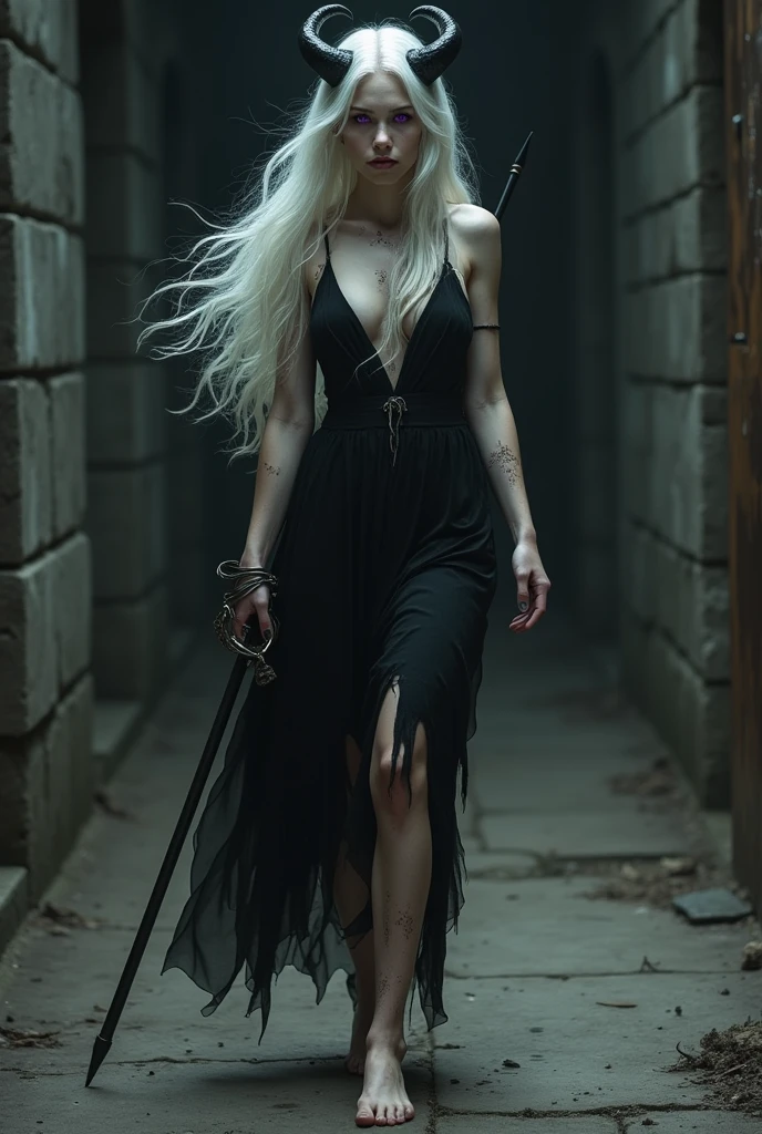 (photorealism:1.2), beautiful young girl, long white wavy hair, old short black dress, purple eyes, handcuffs cut, no shoes, scratched skin, walking a dark corridor, a spear in her hand, black horns in her head