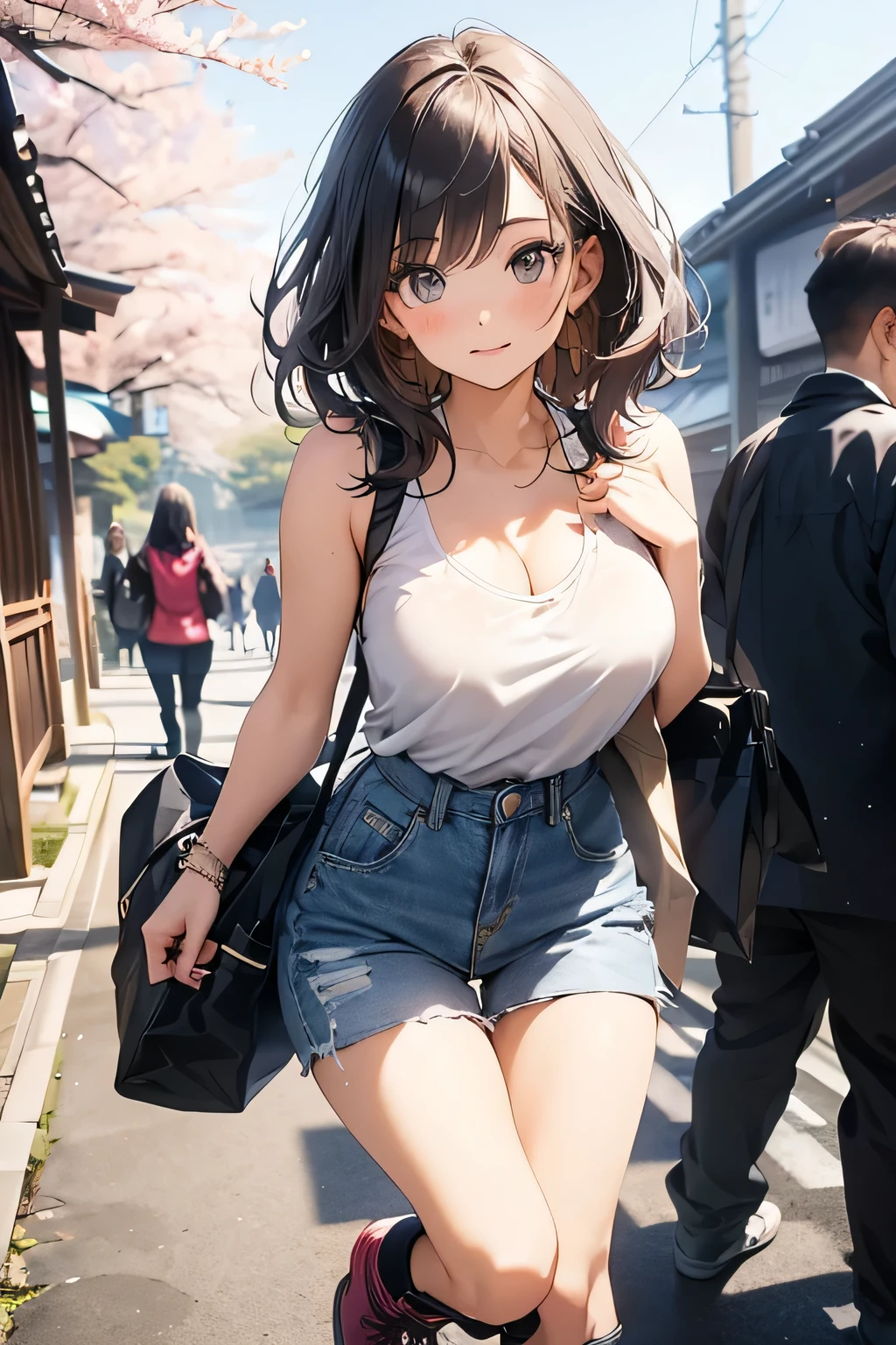 Highest quality、High resolution、Detailed Background、(Beautiful face in every detail:1.4)、Anatomically correct、(Normal number of fingers:1.2)、(Highly detailed face:1.2)、Detailed eyes、Beautiful women in their 20s、(Huge breasts:1.2)、Perfect body line、Light color hair、Bobcut、Long Hair、Wavy Hairstyle、Cute Eye Makeup、Cute Lip Makeup、Accentuate your cleavage、Model Pose、Cute gestures、Show the whole body、
(A beautiful model with a popular spot in the background:1.5)、
A coordinated look incorporating deep autumnal colors and layering、Finishing with short boots or sneakers for a casual look、
Adding an accent with boots、Pair it with sneakers to make it more casual and sophisticated.、A wide-leg pants in velvet material paired with a simple T-shirt is also cute and autumnal、Combining with long boots is expected to have a leg-lengthening effect、
Kyoto、Arashiyama、Arashiyama is a classic yet always popular spot that combines the atmosphere of an ancient capital with a modern cafe.、Taking pictures at Togetsukyo Bridge, there are many picturesque landscapes、very beautiful