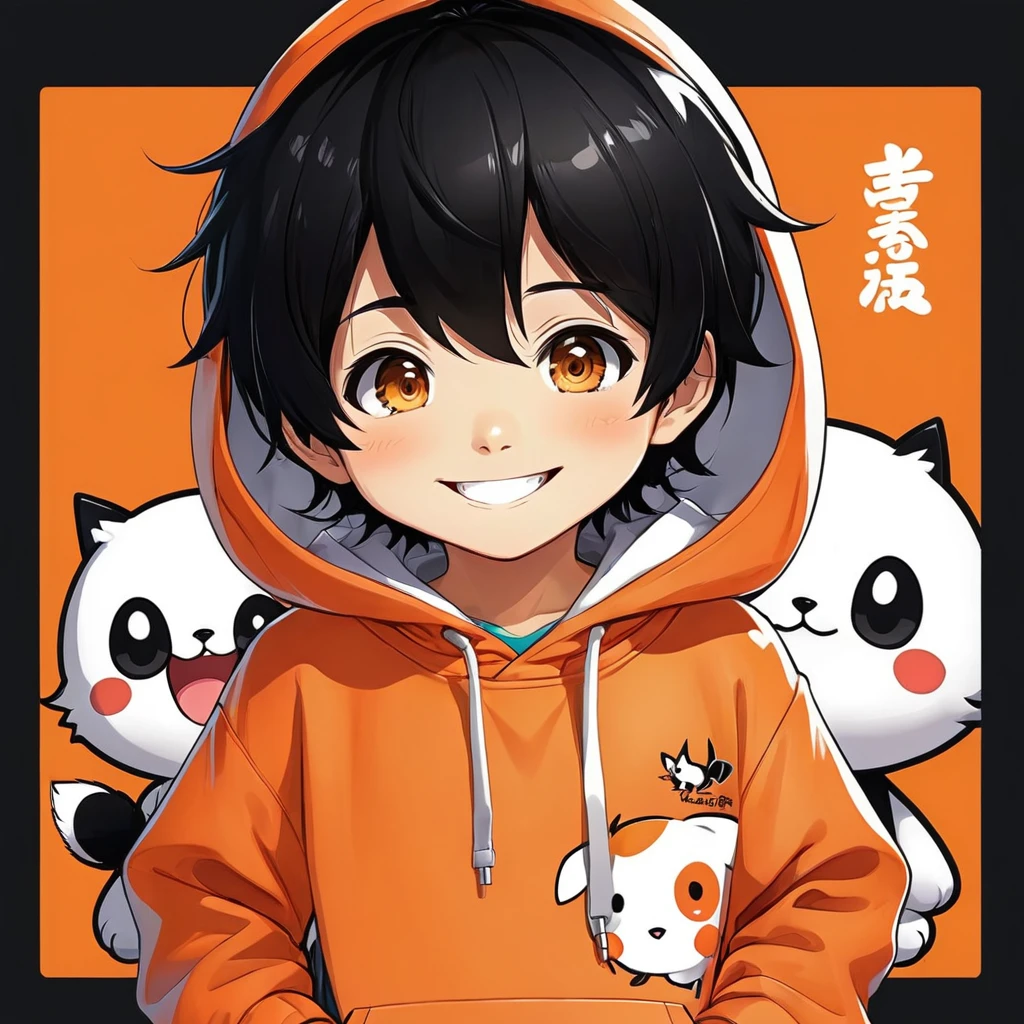 Cute little boy、anime、mascot、Orange hoodie、The background is simple white、Black Hair、Smiling